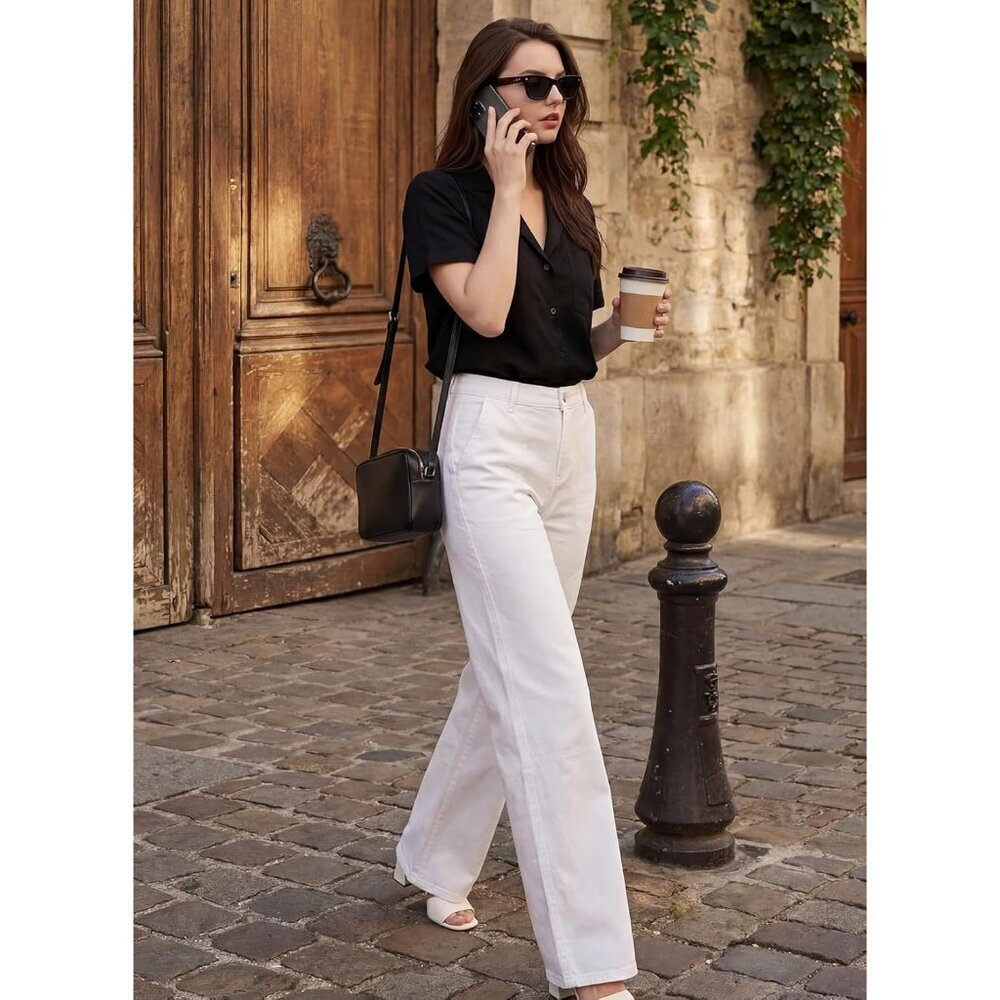 Women's White Casual Mid Waist Stretch Button Wide Leg Denim Cargo Pants - Picture 6 of 6